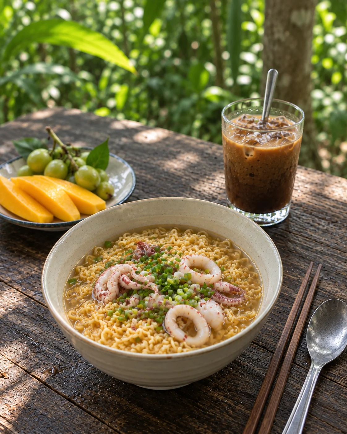 Tô mì mực với hành lá và cà phê đá trên bàn gỗ trong vườn