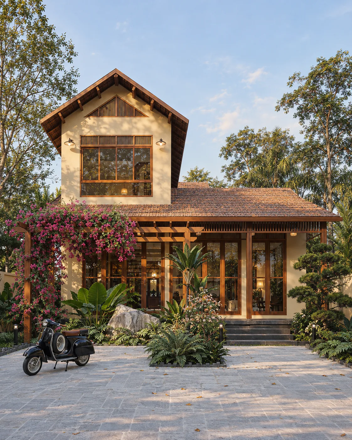 Hình minh họa mặt tiền The Mossy Roof theo thiết kế kiến trúc: nhà hai tầng mái ngói đất nung, giàn gỗ phủ hoa giấy và sân lát đá giữa vườn cây