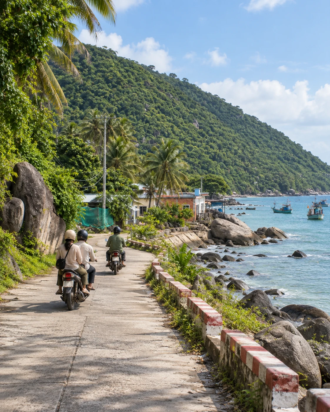 Hình minh họa ba người đội mũ bảo hiểm đi hai xe máy trên con đường bê tông nhỏ ven biển Hòn Sơn