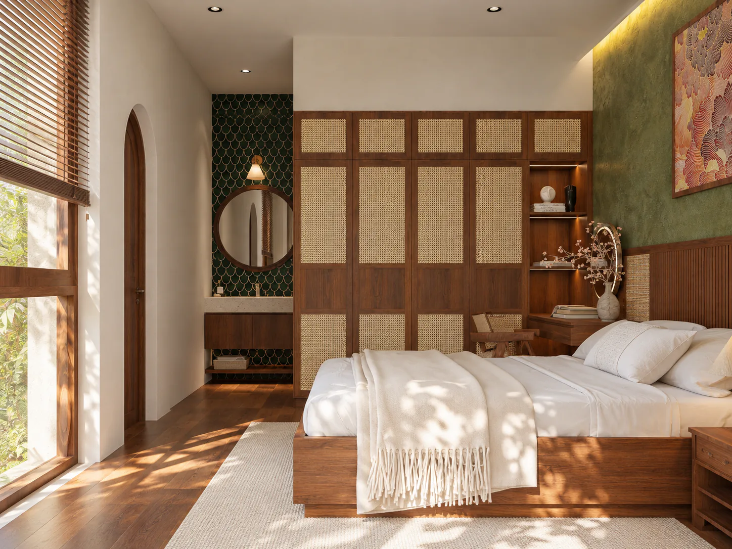 Phối cảnh phòng Lá Sen nhìn về phía tủ gỗ óc chó mặt đan mây, hốc lavabo ốp gạch vảy cá xanh sẫm và giường gỗ trong nắng xiên